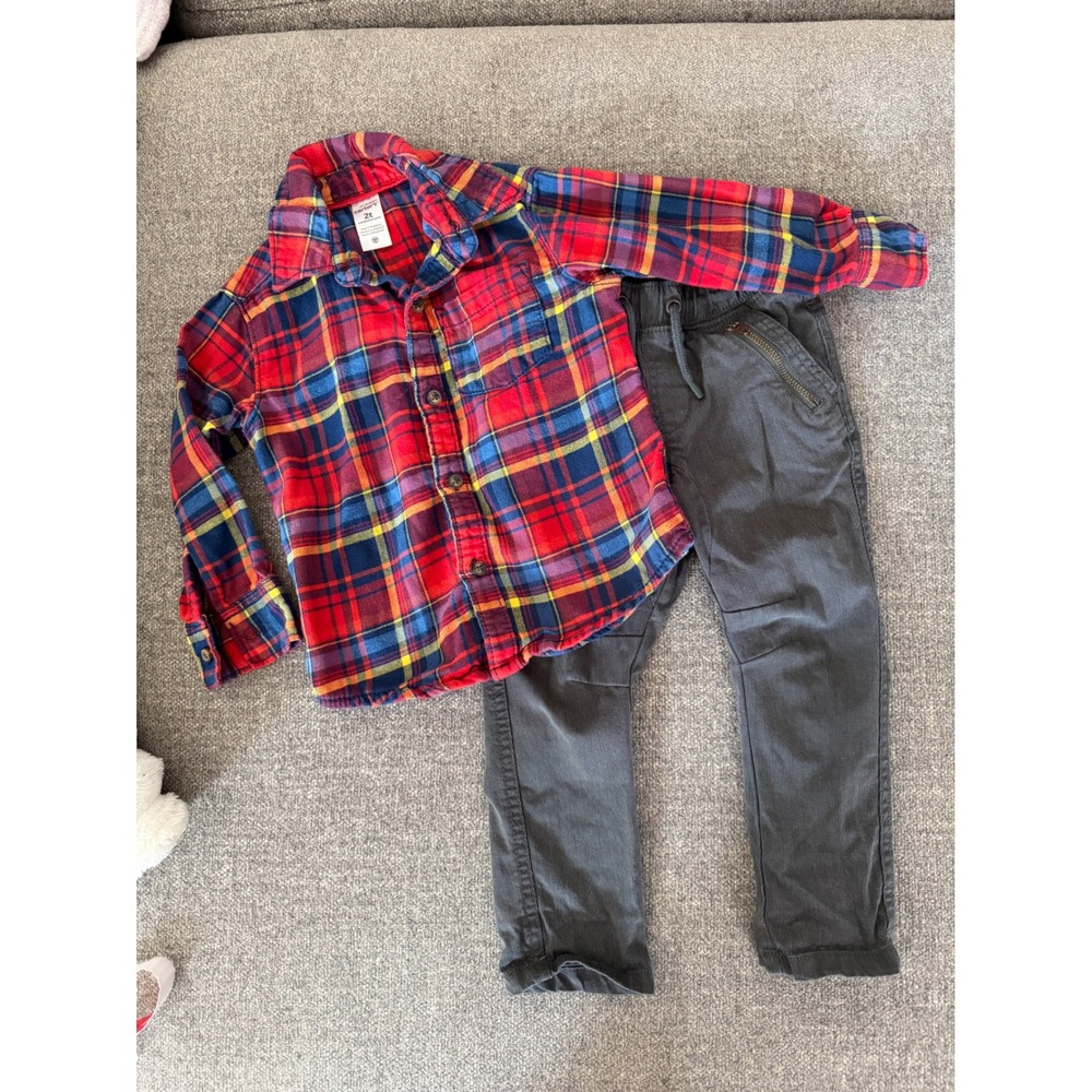 Carters Plaid Flannel Shirt & Cat Jack Jogger Pants Outfit Set 2T Red Gray